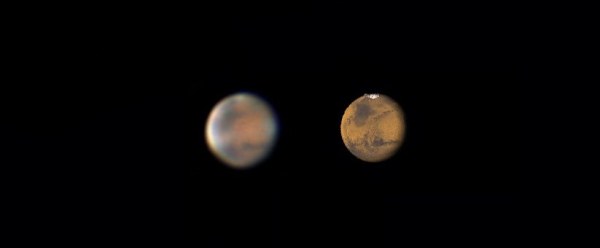 Сравнение фотографии Марса через любительский телескоп и компьютерную модель