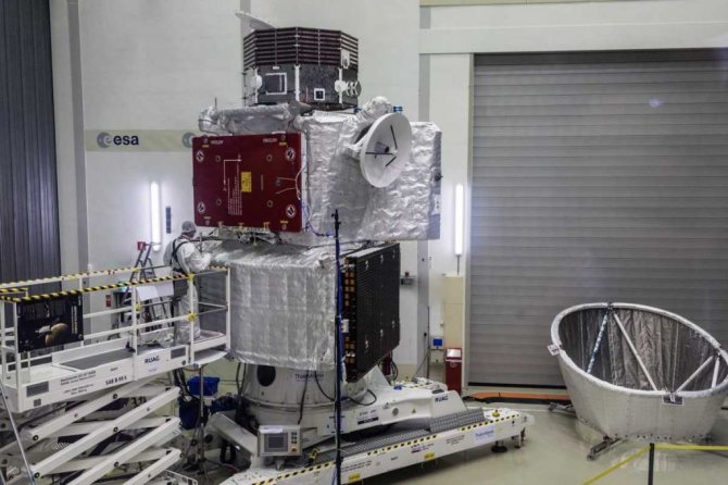 BepiColombo «в сборе»: внизу на конической основе – модуль MTM; на нем находится орбитальный модуль МРО, еще выше – исследователь магнитосферы ММО. Справа на полу лежит солнцезащитный щит MOSIF /