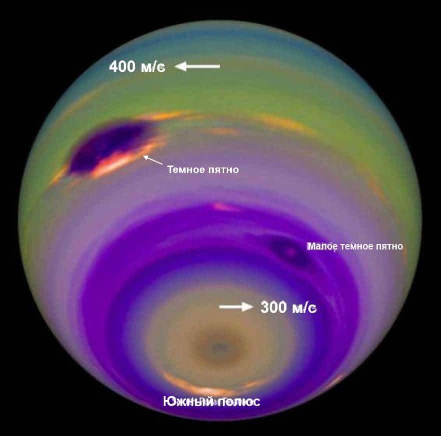 Цветное изображение, демонстрирующее атмосферные особенности Нептуна