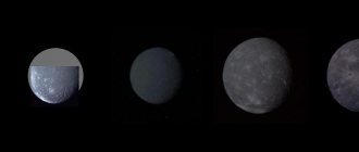 Наиболее крупные спутники Урана. Слева направо: Миранда, Ариэль, Умбриэль, Титания, Оберон.