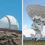Наземные оптические телескопы Кека с диаметром главного зеркала 10 метров, построенные на вершине горы Мауна Кеа на Гавайях, работают совместно, образуя интерферометрическую систему (слева). Радиотелескоп-интерферометр в штате Нью-Мексико (США). Массив из 27 радиотелескопов с антеннами диаметром 25 м используется для исследования Меркурия, поиска микроквазаров и наблюдения за другими космическими объектам (справа). Изображение: «Наука и жизнь»