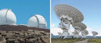 Наземные оптические телескопы Кека с диаметром главного зеркала 10 метров, построенные на вершине горы Мауна Кеа на Гавайях, работают совместно, образуя интерферометрическую систему (слева). Радиотелескоп-интерферометр в штате Нью-Мексико (США). Массив из 27 радиотелескопов с антеннами диаметром 25 м используется для исследования Меркурия, поиска микроквазаров и наблюдения за другими космическими объектам (справа). Изображение: «Наука и жизнь»