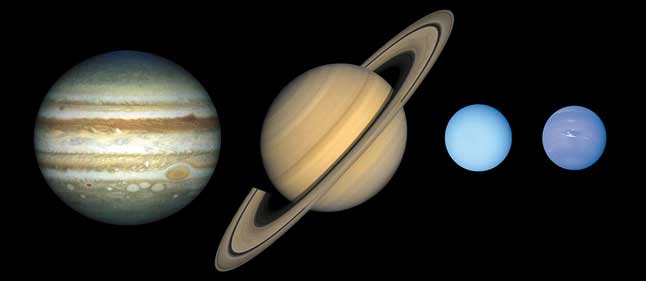 Планеты-гиганты, газовые гиганты, внешние планеты, Юпитер, Сатурн, Уран, Нептун, сравнение размеров, масштаб