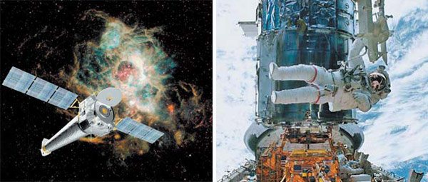 Слева — космическая рентгеновская обсерватория Чандра (США), запущенная в 1999 году. Иллюстрация NASA/MSFC. Справа — космический телескоп «Хаббл» (США) успешно работает на околоземной орбите с 1990 года. Фото NASA. Изображение: «Наука и жизнь»