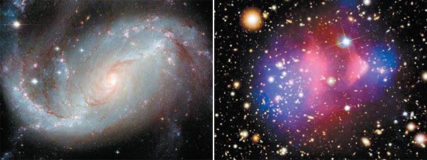Слева — спиралевидная галактика, удаленная от Земли на 60 млн световых лет. Одна из множества фотографий галактик, полученных с помощью космического телескопа «Хаббл». Справа — Составное рентгеновское изображение распределения вещества в скоплении галактик 1Е065756 («Скопление Пуля»), которое удалено от Земли на расстояние 3,4 млрд световых лет. Фото NASA. Изображение «Наука и жизнь»