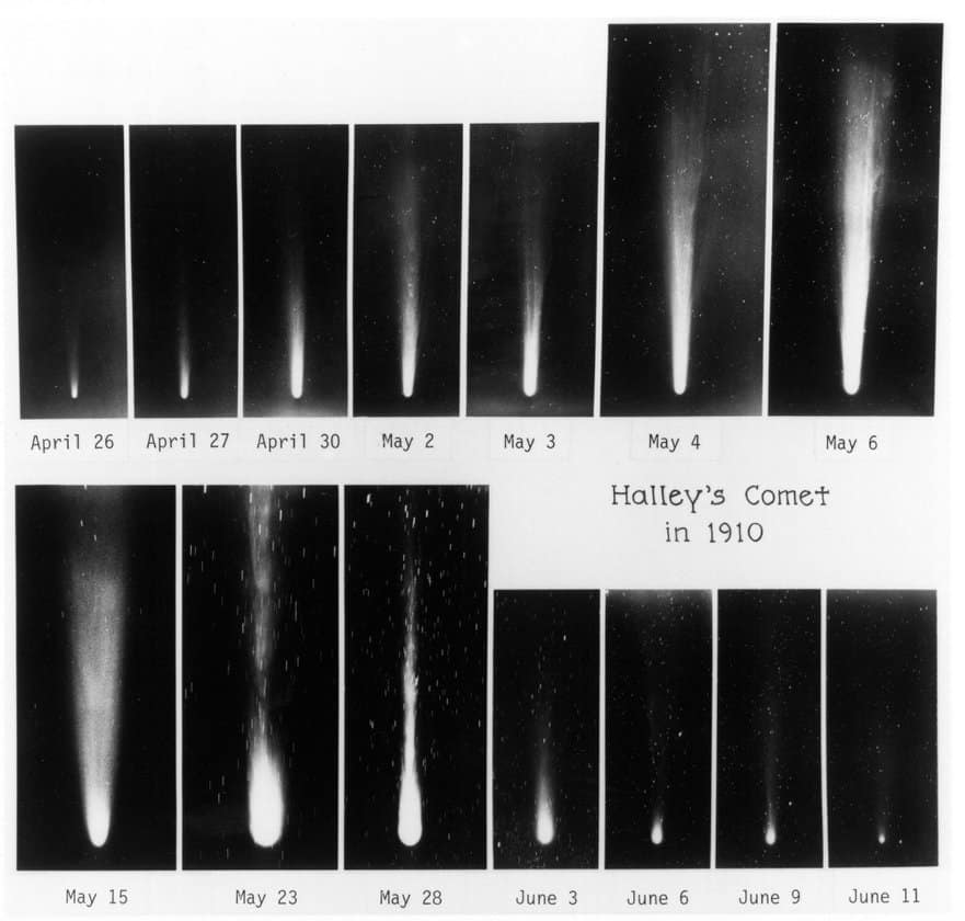В 1910 году удалось выполнить несколько обзоров кометы Галлея с Алмазной Горы (Гавайи). Автор снимков – Фердинанд Эллерман. Точки и короткие линии – фоновые звезды.