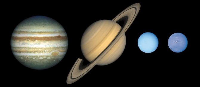 Внешние планеты в нашей системе: Юпитер, Сатурн, Уран и Нептун. Пропорции размеров соблюдены