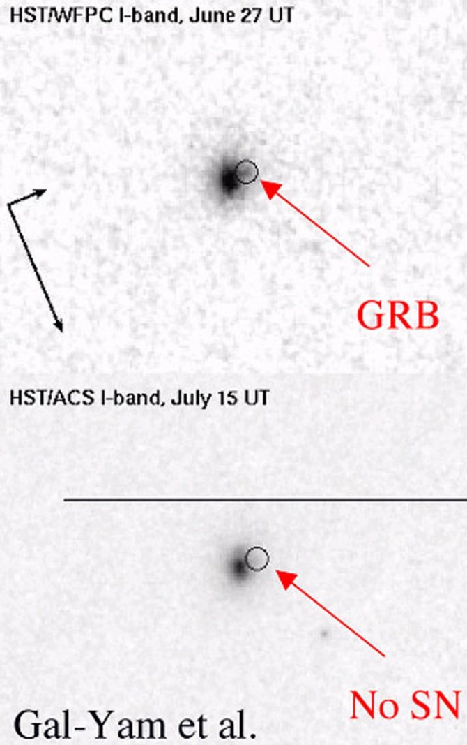 Вспышка GRB 060614, снятая телескопом Hubble. На левом снимке, сделланном через несколько дней не видно никакой сверхновой.