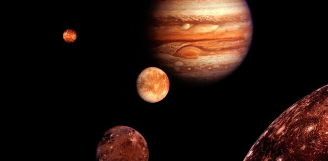Юпитер, планета, Галилеевы спутники, Ио, Европа, Ганимед, Каллисто, гравитация, иллюстрация, монтаж